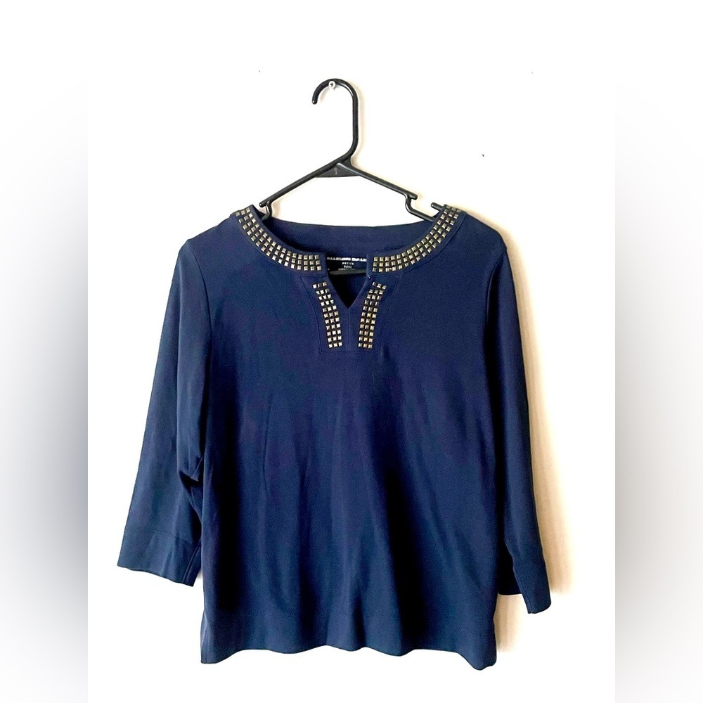 Allison Daley‎ Shirt Top Blouse Pullover V-Neck Womens PM Navy Blue Gold Cruise